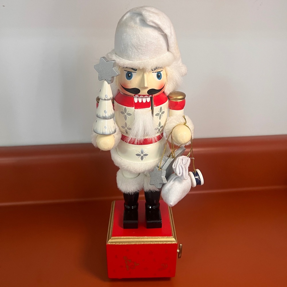 Wooden Christmas Nutcracker Music Box White Red Holiday Decor 12 Inch